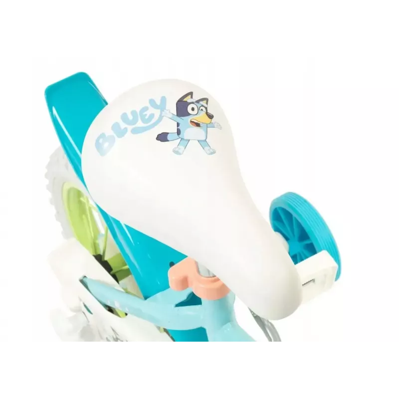Bicicleta infantil Toimsa Bluey 12 polegadas — roda de 12 polegadas, azul e lima, travão dianteiro e traseiro, rodas de apoio
