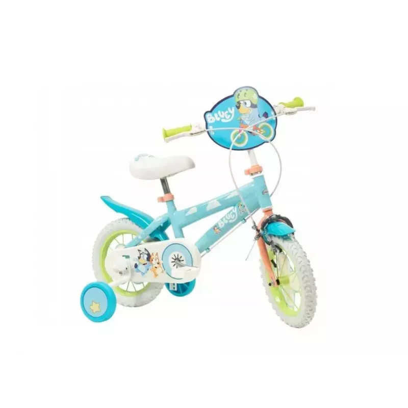 Bicicleta infantil Toimsa Bluey 12 polegadas — roda de 12 polegadas, azul e lima, travão dianteiro e traseiro, rodas de apoio