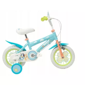 Bicicleta infantil Toimsa Bluey 12 polegadas — roda de 12 polegadas, azul e lima, travão dianteiro e traseiro, rodas de apoio