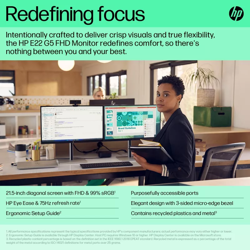 Monitor HP E-Series E22 G5 FHD, 54,6 cm (21,5 polegadas), 1920 x 1080 píxeis, Full HD, LCD, 5 ms, preto, prateado