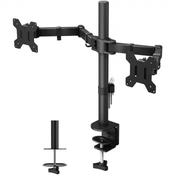 Suporte para monitor TECHLY ICA-LCD-382-D para 2 ecrãs, fixação de mesa, até 27 polegadas, 20 kg, VESA 75x75–100x100, preto