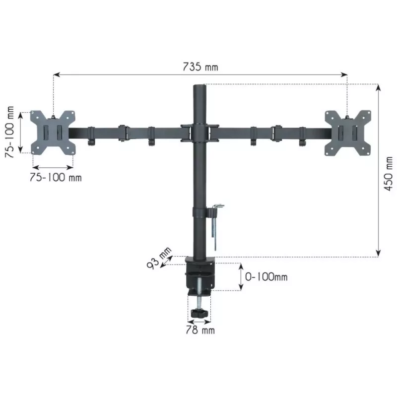 Suporte para monitor TECHLY ICA-LCD-382-D para 2 ecrãs, fixação de mesa, até 27 polegadas, 20 kg, VESA 75x75–100x100, preto