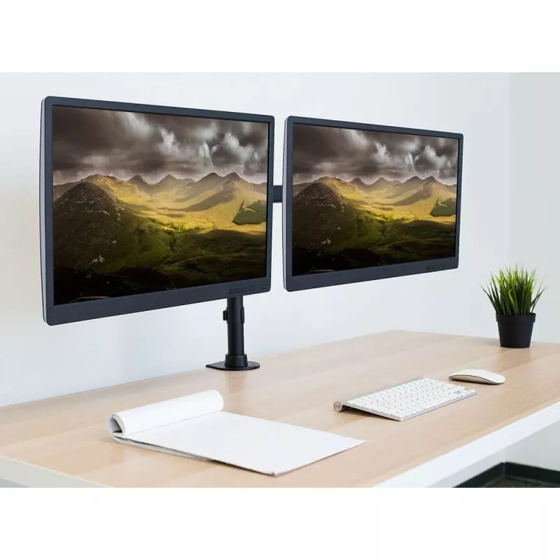 Suporte para monitor TECHLY ICA-LCD-382-D para 2 ecrãs, fixação de mesa, até 27 polegadas, 20 kg, VESA 75x75–100x100, preto