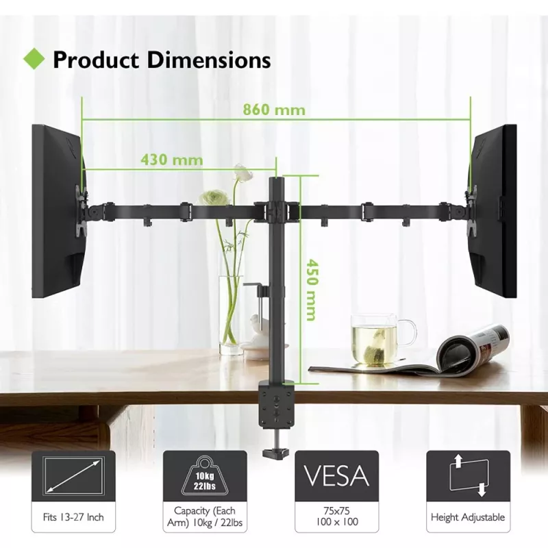 Suporte para monitor TECHLY ICA-LCD-382-D para 2 ecrãs, fixação de mesa, até 27 polegadas, 20 kg, VESA 75x75–100x100, preto