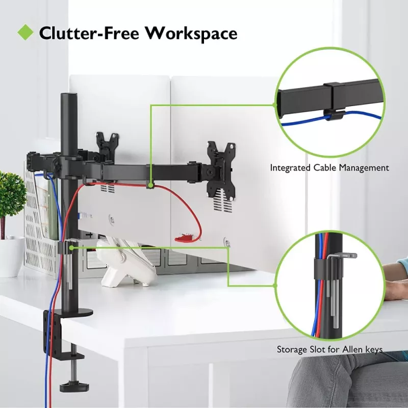 Suporte para monitor TECHLY ICA-LCD-382-D para 2 ecrãs, fixação de mesa, até 27 polegadas, 20 kg, VESA 75x75–100x100, preto