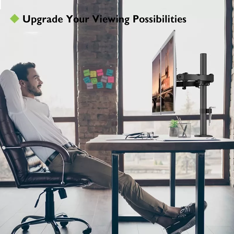 Suporte para monitor TECHLY ICA-LCD-382-D para 2 ecrãs, fixação de mesa, até 27 polegadas, 20 kg, VESA 75x75–100x100, preto
