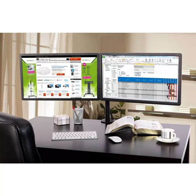 Suporte para monitor TECHLY ICA-LCD-382-D para 2 ecrãs, fixação de mesa, até 27 polegadas, 20 kg, VESA 75x75–100x100, preto