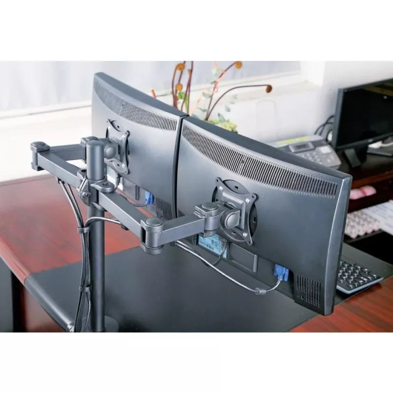 Suporte para monitor TECHLY ICA-LCD-382-D para 2 ecrãs, fixação de mesa, até 27 polegadas, 20 kg, VESA 75x75–100x100, preto