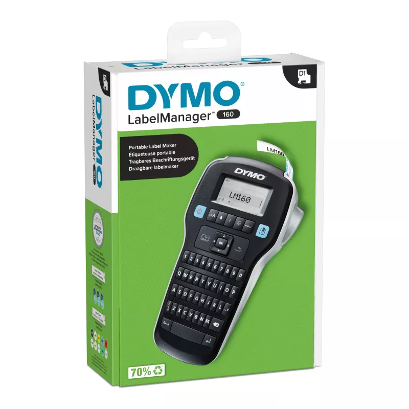 Impressora de etiquetas DYMO LabelManager 160 | Impressora de etiquetas portátil com teclado QWERTZ | Inclui fita de etiquetas D1 preta e branca (12 mm) | Para casa e escritório