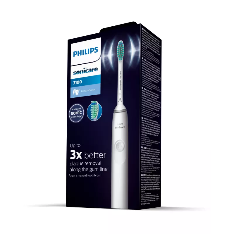 Escova de dentes sónica Philips 3100 series HX3671/13 – tecnologia sónica, 31.000 movimentos/min., sensor de pressão, Li-Ion, bateria incorporada, 1 cabeça de escova, Branco