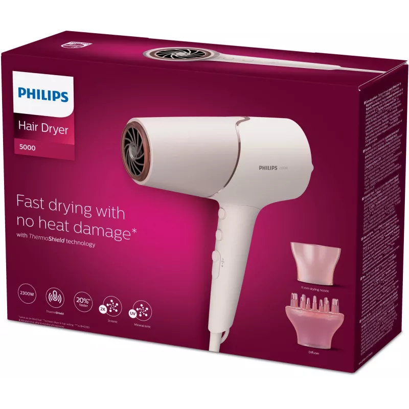 Secador de cabelo Philips BHD530/00 2300 W, 6 velocidades/6 níveis de temperatura, iónico, Cool Shot, difusor e concentrador, rosa