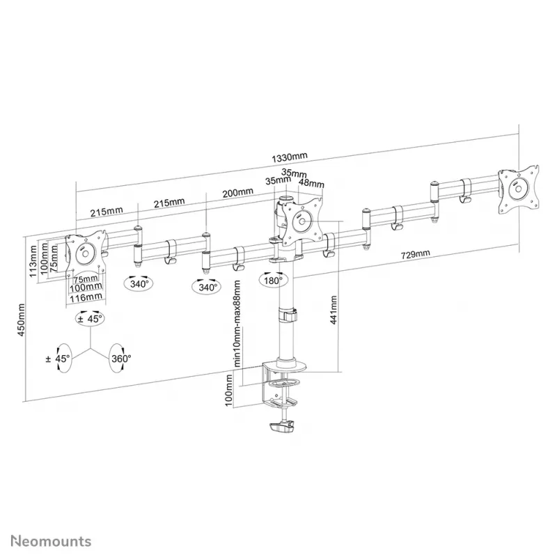 Braço para monitor Neomounts NM-D135D3 preto 10-27 polegadas, grampo/passagem de secretária, 8 kg, 25,4 cm (10 polegadas), 68,6 cm (27 polegadas), 100 x 100 mm, preto