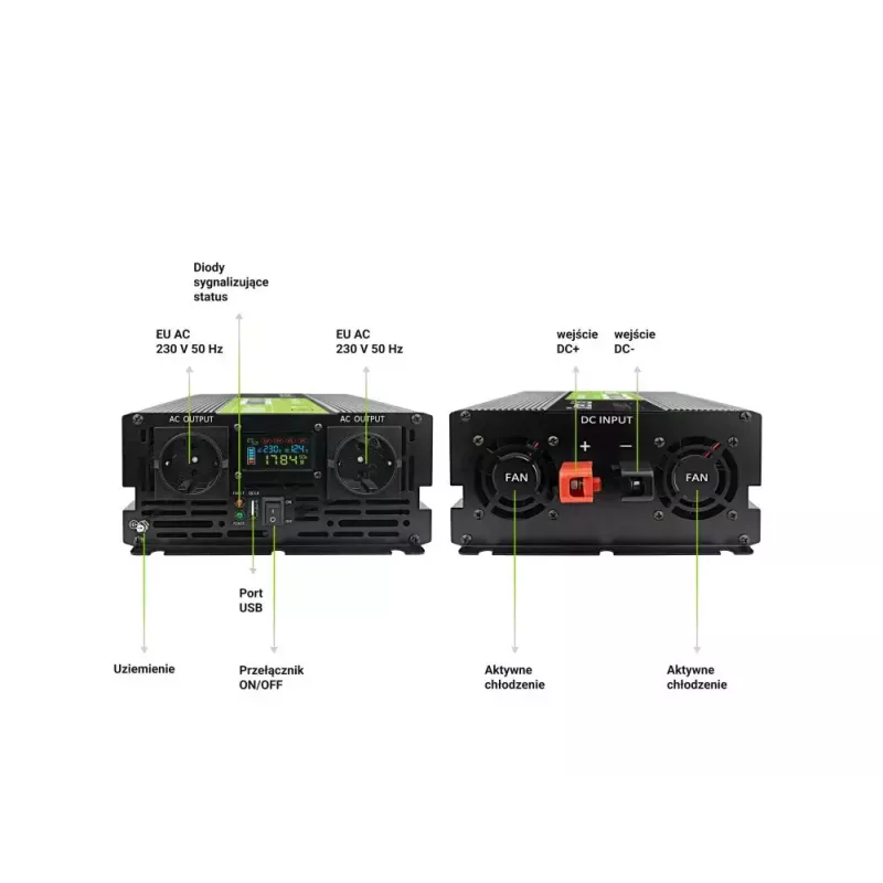 Inversor para automóvel Green Cell INVGC12P2000LCD 2000W 12V para 230V onda sinusoidal pura, LCD, 1×USB, 2×AUX