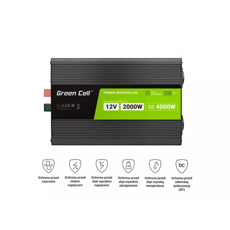 Inversor para automóvel Green Cell INVGC12P2000LCD 2000W 12V para 230V onda sinusoidal pura, LCD, 1×USB, 2×AUX