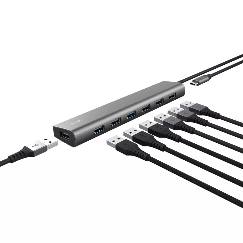 Trust Halyx 24967 hub USB de 7 portas, USB 3.2 Gen 1, Type-A, 5000 Mbit/s, prateado