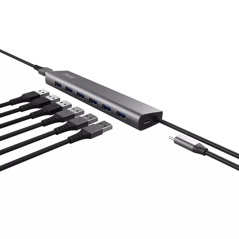 Trust Halyx 24967 hub USB de 7 portas, USB 3.2 Gen 1, Type-A, 5000 Mbit/s, prateado