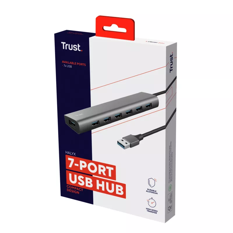 Trust Halyx 24967 hub USB de 7 portas, USB 3.2 Gen 1, Type-A, 5000 Mbit/s, prateado
