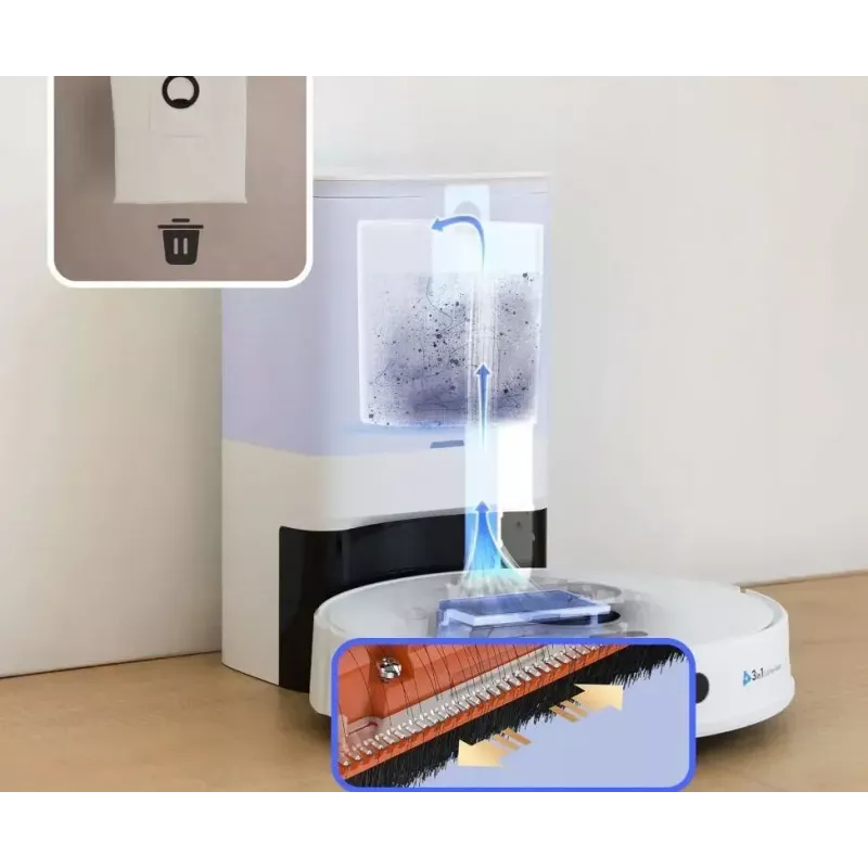 Robô aspirador EZVIZ RE5S Plus — 9000 Pa de potência de aspiração, bateria de 5200 mAh, 22 minutos de autonomia, função de lavagem, base de autossegagem