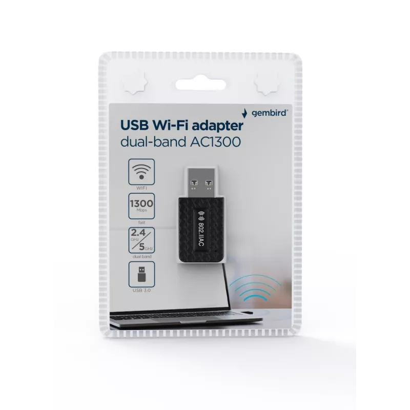 Adaptador USB Wi-Fi GEMBIRD AC1300 Dual-Band Wi-Fi 5 (RTL8812BU) 867 Mbit/s USB 3.0 antena interna preto