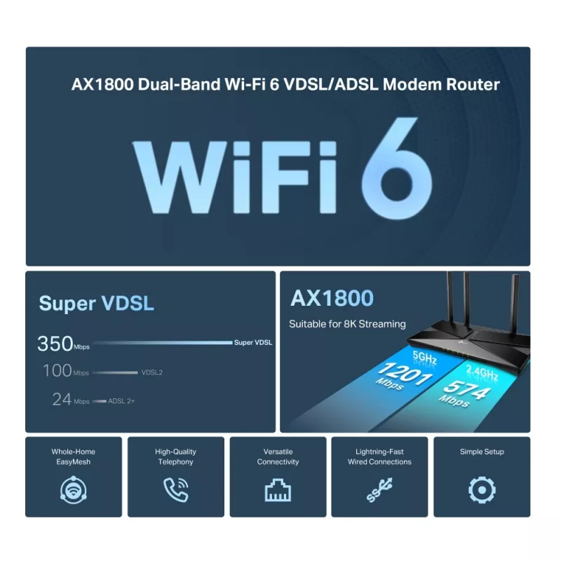 Router modem VDSL/ADSL TP-Link Archer AX1800 Dual-Band Wi-Fi 6