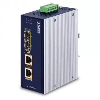 Conversor de media industrial PLANET 2x100/1000X SFP para 2x10/100/1000T 802.3bt PoE++