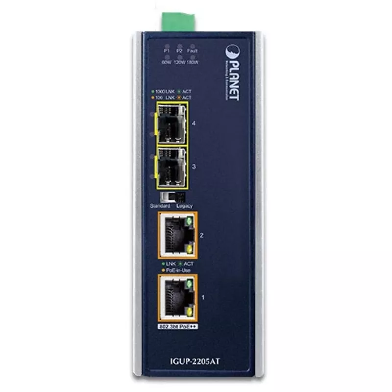 PLANET IGUP-2205AT conversor de suportes industrial, 2 portas 100/1000X SFP para 2 portas 10/100/1000T, PoE 90 W, 12-48 V, metálico, azul