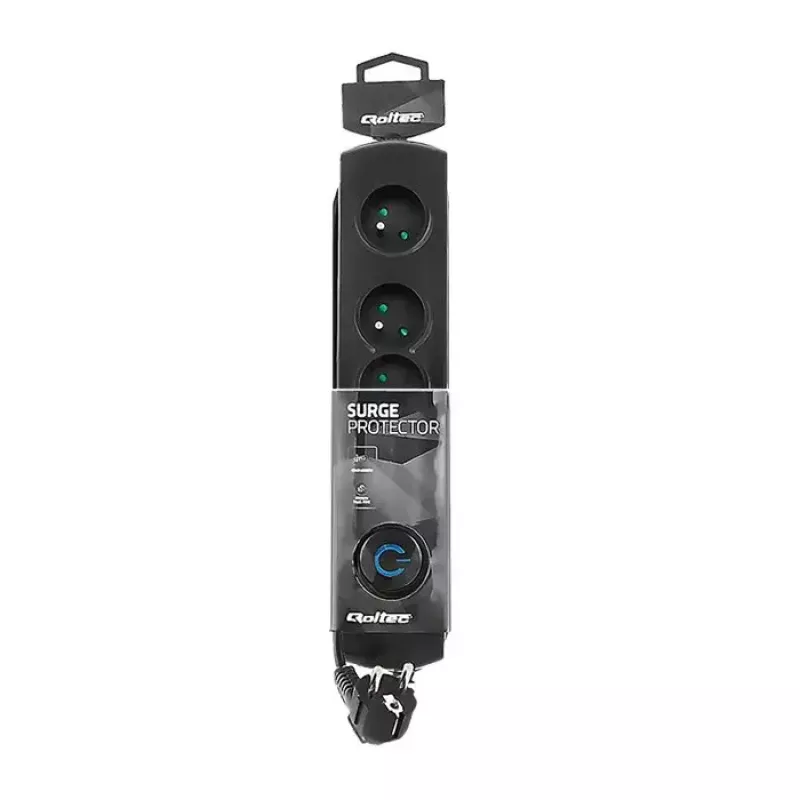 Proteção contra sobretensões QOLTEC 50104 — 4 tomadas AC, 230 V, cabo de 1,5 m, preto