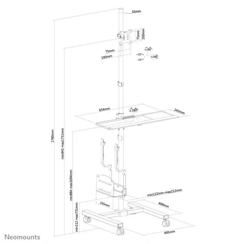 Posto de trabalho móvel Neomounts FPMA-MOBILE1700 10-32 polegadas