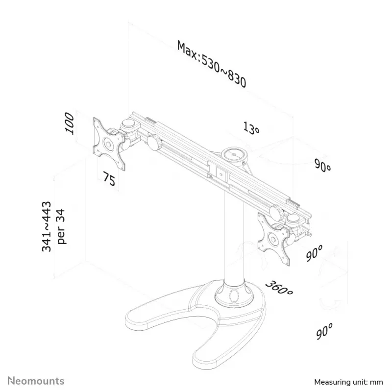 Neomounts FPMA-D700DD suporte de secretária para dois monitores, articulado, 19-30 polegadas (48,3-76,2 cm), 8 kg por ecrã, VESA 75x75-100x100, base/passa-cabos, preto