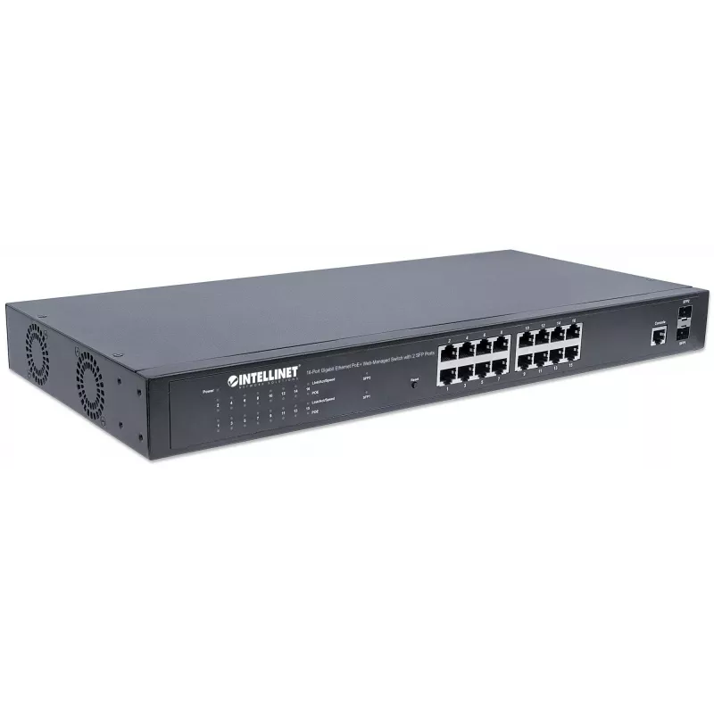 Switch Intellinet 16 portas Gigabit Ethernet PoE+ gerido via web com 2 portas SFP, compatível com IEEE 802.3at/af Power over Ethernet (PoE+/PoE), 374 W, Endspan, montagem em rack 19 polegadas