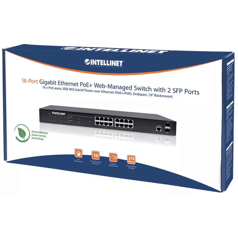 Switch Intellinet 16 portas Gigabit Ethernet PoE+ gerido via web com 2 portas SFP, compatível com IEEE 802.3at/af Power over Ethernet (PoE+/PoE), 374 W, Endspan, montagem em rack 19 polegadas