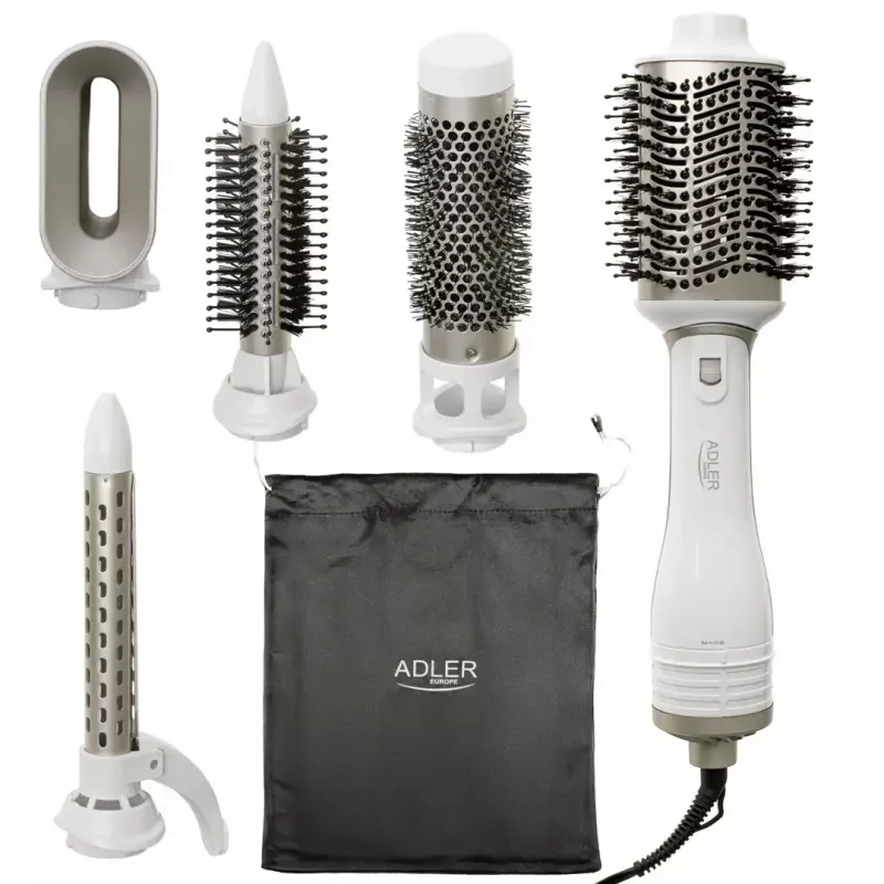 Adler AD 2027 modelador-secador de cabelo 5 em 1, 1200 W, 2 níveis de aquecimento, 5 acessórios com revestimento cerâmico, branco/champanhe