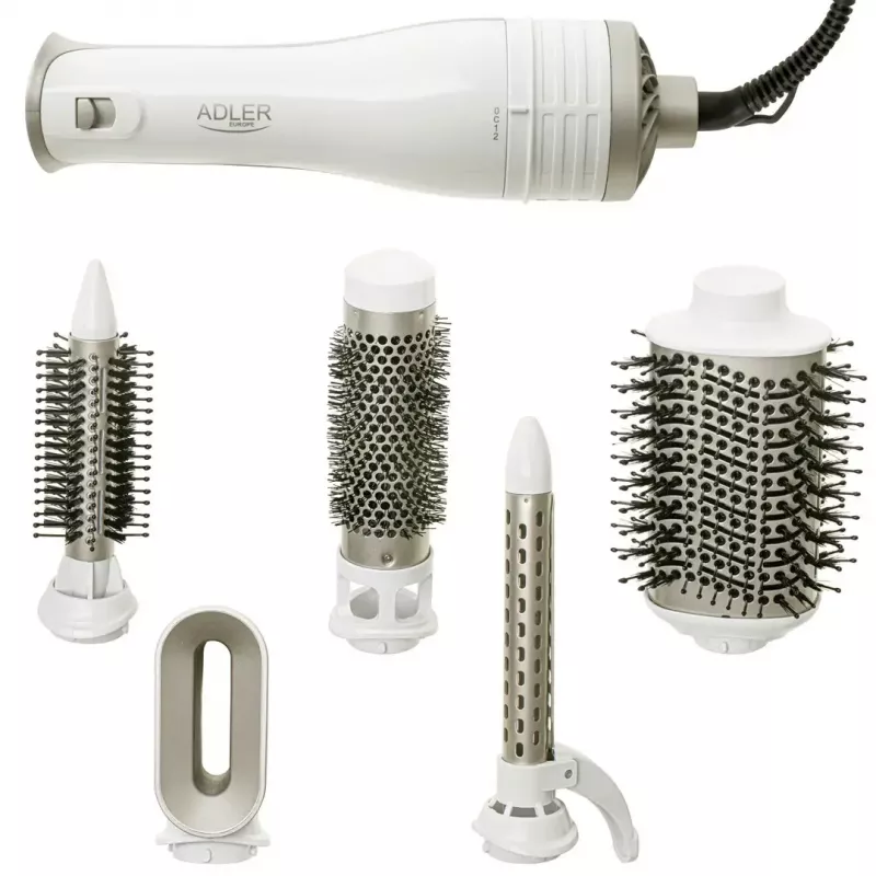 Adler AD 2027 modelador-secador de cabelo 5 em 1, 1200 W, 2 níveis de aquecimento, 5 acessórios com revestimento cerâmico, branco/champanhe