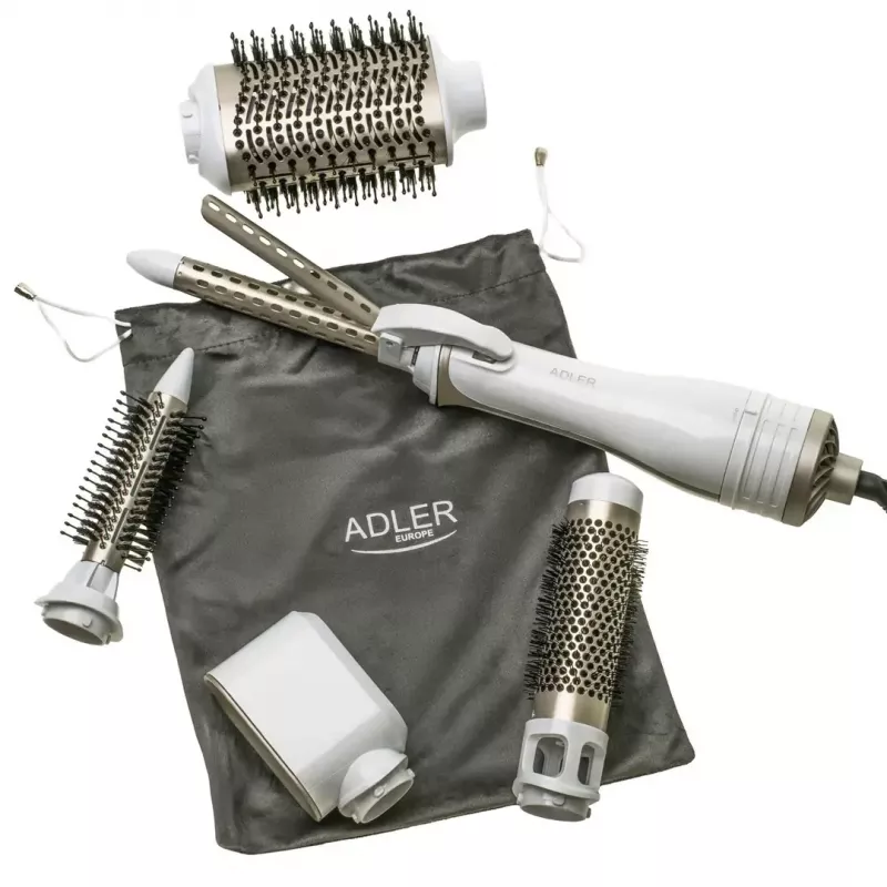 Adler AD 2027 modelador-secador de cabelo 5 em 1, 1200 W, 2 níveis de aquecimento, 5 acessórios com revestimento cerâmico, branco/champanhe