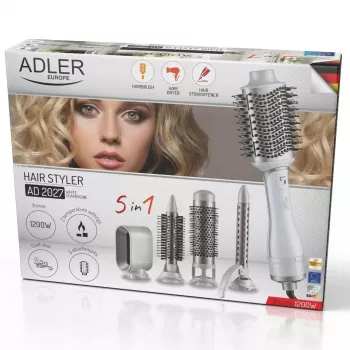 Secador de cabelo e modelador Adler AD 2027 — ferramenta de styling 2 em 1, 1200 W, 2 níveis de temperatura, 5 acessórios, diâmetro das escovas 2,1/3,8/7,2 cm, diâmetro máx. dos caracóis 1,9 cm
