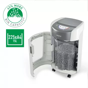 Destruidora de papel Leitz IQ OptiMax Home Office 225 corte em micropartículas nível de segurança P5 15 L – branco