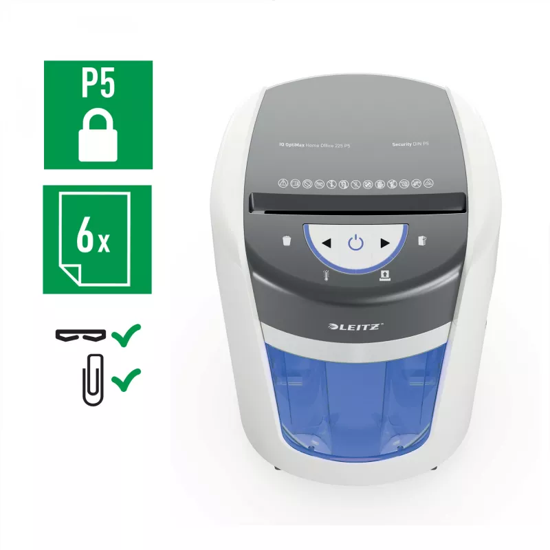 Destruidora de papel Leitz IQ OptiMax Home Office 225 corte em micropartículas nível de segurança P5 15 L – branco