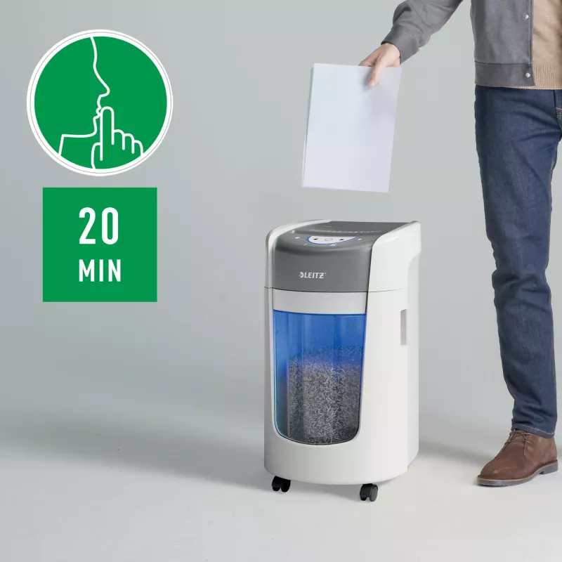 Destruidora de papel Leitz IQ OptiMax Home Office 225 corte em micropartículas nível de segurança P5 15 L – branco