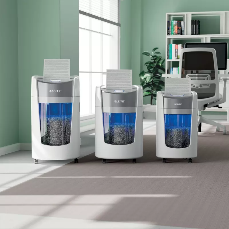 Destruidora de papel Leitz IQ OptiMax Home Office 225 corte em micropartículas nível de segurança P5 15 L – branco