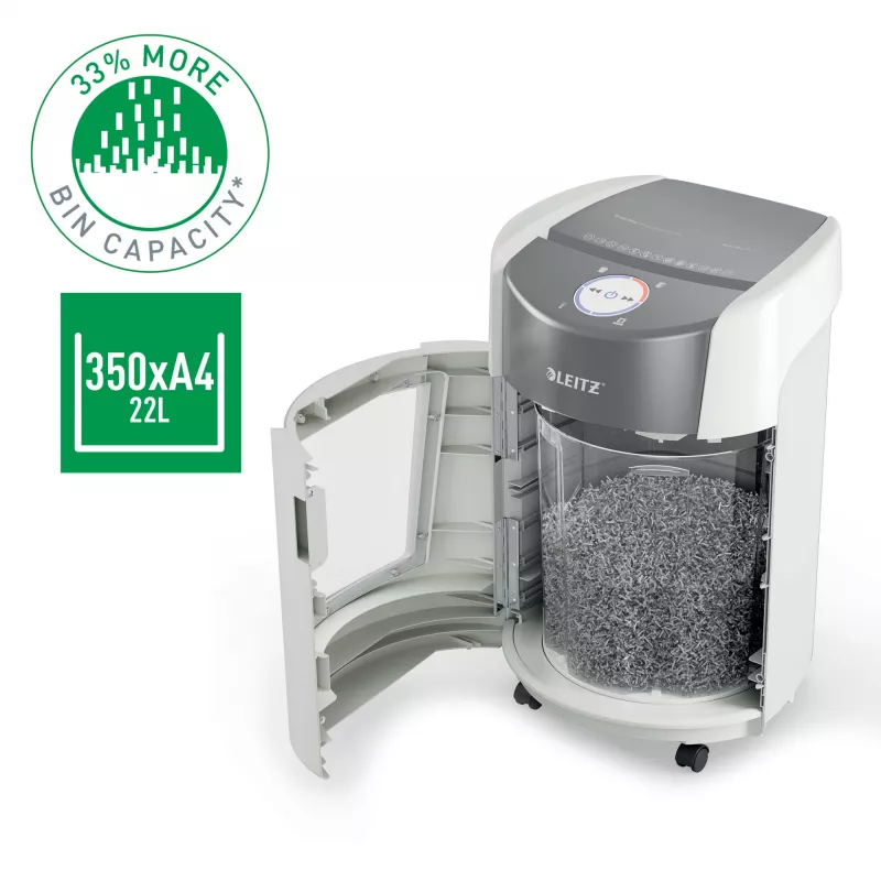 Destruidora de papel Leitz IQ OptiMax Small Office 350 corte em micropartículas nível de segurança P5 22 L – branco