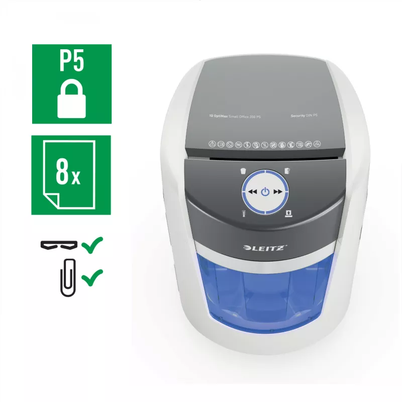 Destruidora de papel Leitz IQ OptiMax Small Office 350 corte em micropartículas nível de segurança P5 22 L – branco