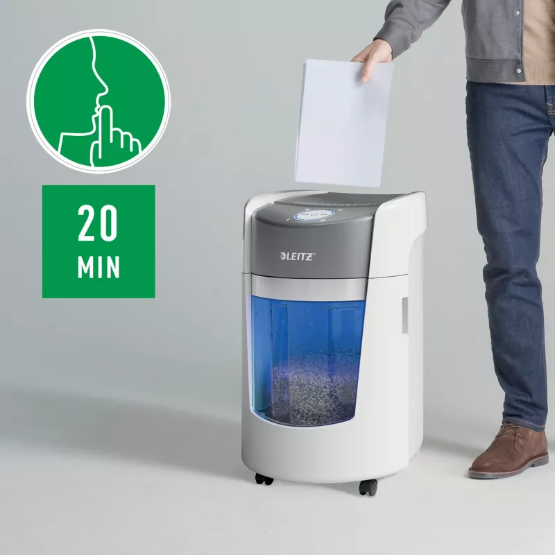Destruidora de papel Leitz IQ OptiMax Small Office 350 corte em micropartículas nível de segurança P5 22 L – branco