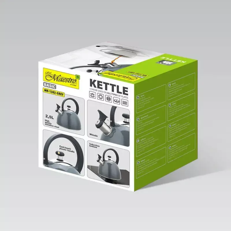 Maestro MR-1302-GREY chaleira com apito para fogão, 2,5 l, aço inoxidável, cinzento