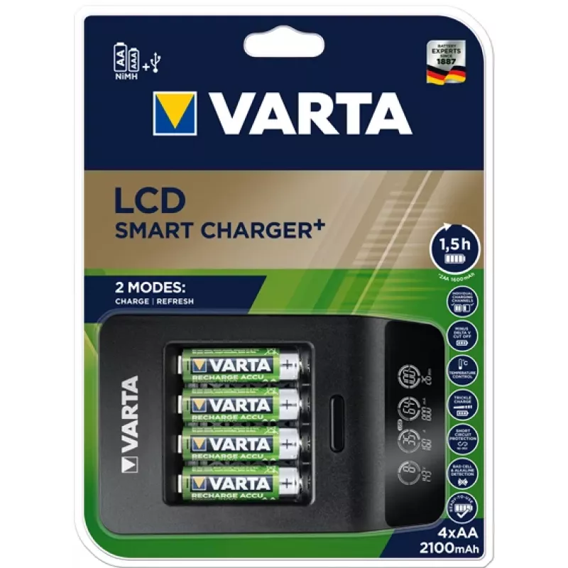 Carregador inteligente VARTA LCD Smart Charger+ com 4 pilhas AA 2100 mAh