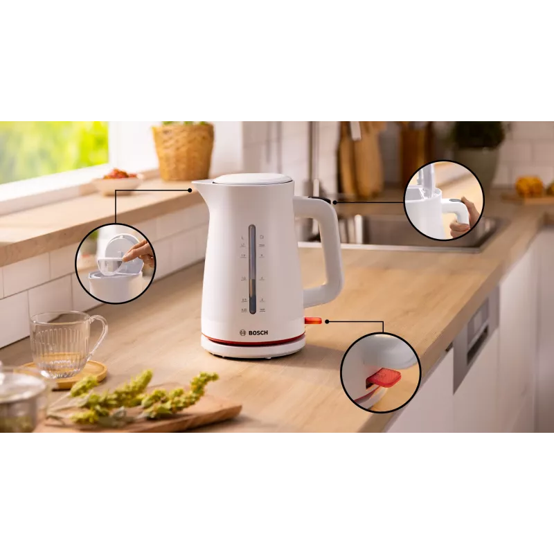Chaleira elétrica Bosch TWK3M121 — 1,7 L, 2400 W, branco, corpo em plástico