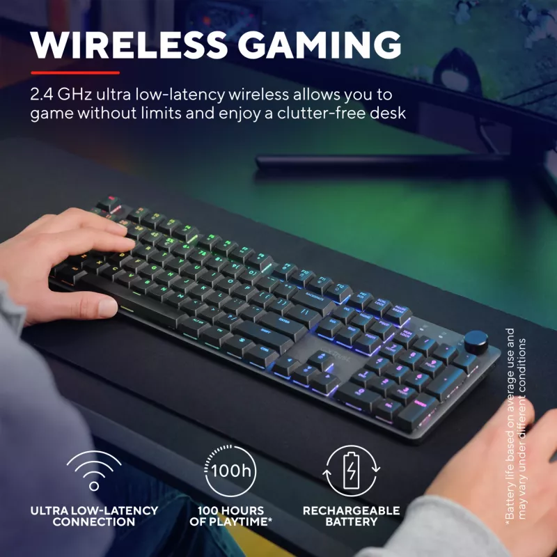 Teclado gaming Trust GXT 868 Torix USB + RF Wireless + Bluetooth QWERTY US English preto