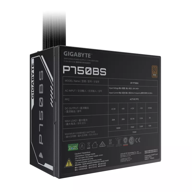 Fonte de alimentação GIGABYTE P750BS – PCI-E 6+2 Pin x 4, 80 PLUS Bronze, ventoinha de 120 mm, compatível com ATX, ficha EU