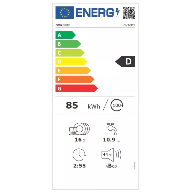 Máquina de lavar loiça de encastrar Gorenje GV16D5 — 16 serviços, 44 dB, aço inoxidável, 7 regulações de temperatura