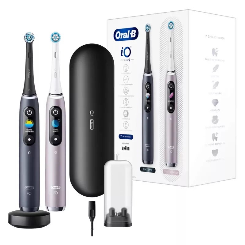 Escova de dentes elétrica Oral-B iO 9 adultos rotativa, 2 cabos, 2 cabeças de escova, bateria integrada, 3 h de carregamento, preto/rosa