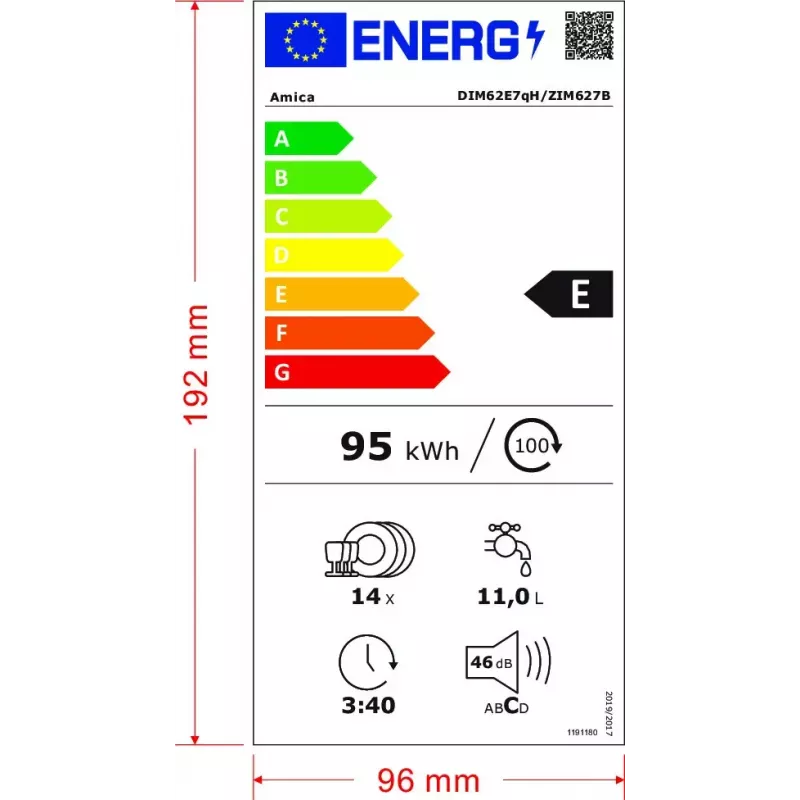 Máquina de lavar loiça semi-integrada AMICA DIM62E7qH — 14 conjuntos de louça, 60 cm, ecrã tátil LED, 7 programas, branco